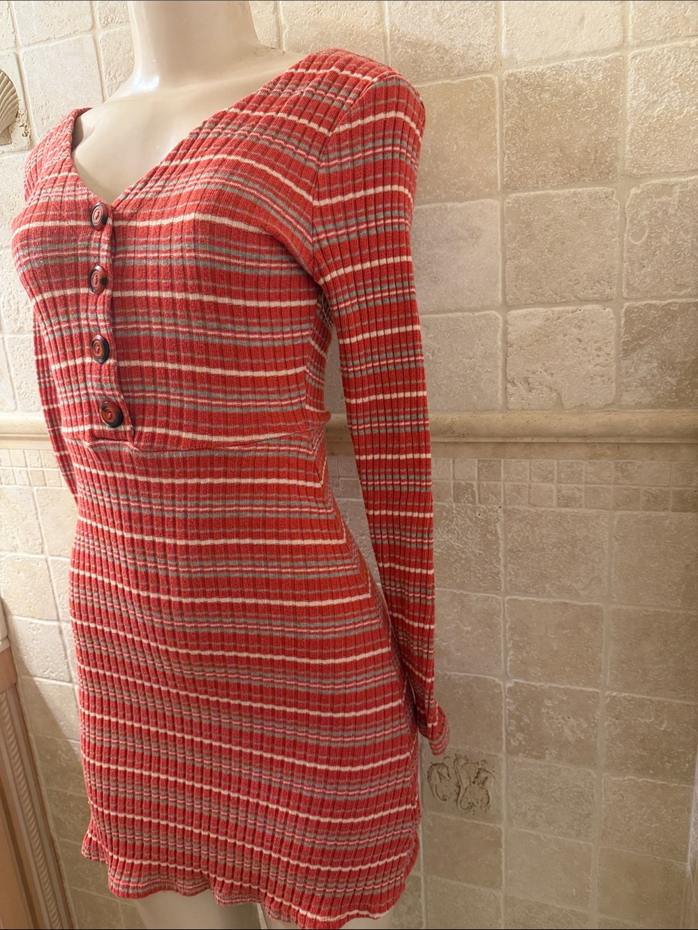 Women’s Ribbed Button-Front Red Striped Dress - Picture 3 of 6